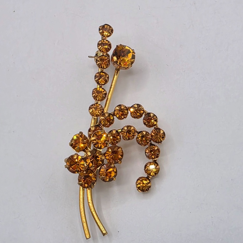 Vintage Austrian Amber Rhinestone Floral Spray Brooch Pin Gold Tone Signed - Picture 6 of 9